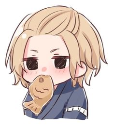 an anime character with blonde hair and black glasses holding a cookie in front of her face