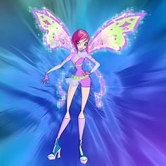 a cartoon fairy with pink hair and green wings standing in front of a blue background