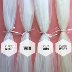 white tulle curtains tied with ribbons against a pink background that says pure, white, light ivory and dark ivory