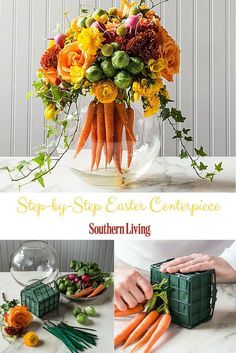 a vase filled with flowers and carrots on top of a table