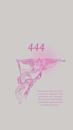 a pink poster with an angel holding a flag and the words 444 on it