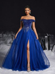 Luxurious Royal Blue Off-The-Shoulder Squin High Slit, A-Line Prom Dress For Women, Formal Evening Gown Royal Blue   Sleeveless Mesh Fabric Colorblock,All Over Print A Line Slight Stretch  Weddings & Events, size features are:Bust: ,Length: ,Sleeve Length: Royal Blue Floor-length Wedding Gown, Elegant Royal Blue Tulle Ball Gown, Royal Blue Floor-length Royal Evening Dress, Royal Blue Floor-length Dress With Sweep Train, Elegant Royal Blue Floor-length Ball Gown, Wedding Event Dresses, Elegant Wedding Guest Dress, Blue Ball Gowns, A Line Prom Dresses