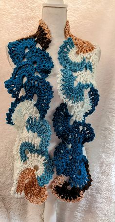 Blue Knitted Yarn Scarf, Blue Knitted Yarn Scarves, Blue Crochet Scarves For Winter, Blue Knitted One-size Scarf, Blue Knitted Scarves One Size, Blue Knitted Scarf One Size, Blue Knitted Scarf, One Size, Handmade White Yarn Patterns, Blue Hand Knitted Scarf