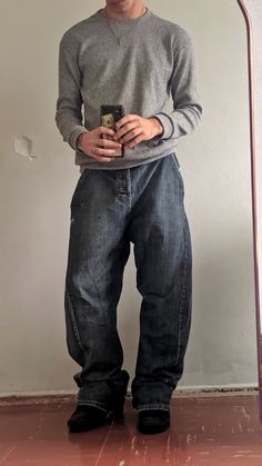 #fashion #ootd #outfits #outfitoftheday #baggy #sweater #aesthetic Grey Zip Up Outfit Men, Gray Baggy Sweatpants Outfit, Tight Long Sleeve Outfit, Dark Blue Baggy Jeans Outfit Men, Baggy Slacks Outfit, Baggy Sweater Aesthetic, Tight Shirt Baggy Pants, Baggy Fits Men, Baggy Pants Tight Shirt Outfit