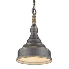 an old fashioned pendant light hanging from a chain on a white background with the lights turned off