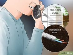 a man talking on a cell phone next to a building code with an underground wire