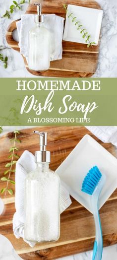 two soap dispensers on a cutting board with the words homemade dish soap