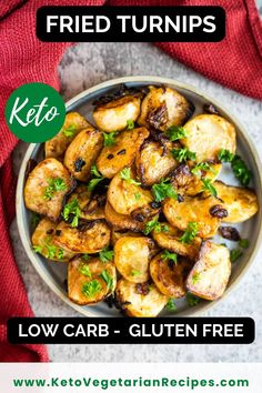 low carb gluten free fried turnips in a bowl with text overlay