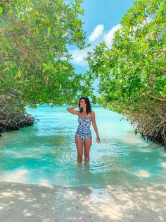 a woman in a bathing suit wading through shallow water near mangroves and trees