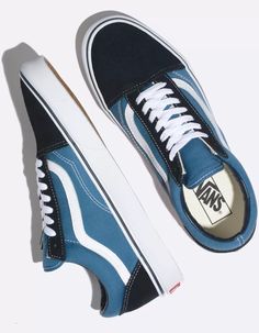 Vans Old Skool, Vans classic skate shoe and the first to bare the iconic side stripe, has a low-top lace-up silhouette with a durable suede and canvas upper with padded tongue and lining and Vans signature Waffle Outsole. Imported. Vans Old Skool Navy, Cool Vans Shoes