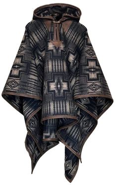 Our Riding Cloak in Pendleton®'s Harding in Black and Tan come with black leather trim, buffalo horn toggle. The design comes from Pendleton®'s classic Harding design. The specific pattern was created in honor of President Harding's trip out west to give special recognition to a portion of the Oregon Trial. Local chiefs presented Harding's wife with a shaw of this design and it's been a favorite of Pendleton®'s crew and customers ever since. Family owned for 150 years, Pendleton Mills weaves the Style Anglais, Hooded Cloak, Clint Eastwood, Boho Casual, Fantasy Clothing, Character Outfits, Cloak, Black Tan, Ponchos