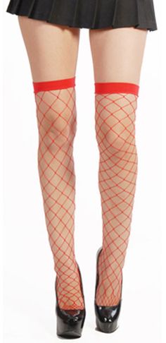 Stretch Thigh High Net Tights, Trendy Red Thigh-high Stockings, Trendy Red Thigh High Tights, Stretch Mesh Thigh High Hosiery, Stretch Mesh Thigh-high Hosiery, Tight Fishnet Stockings For Party, Thigh High Stretch Mesh Hosiery, Stretch Net Thigh-high Hosiery, Stretch Over-the-knee Spring Hosiery