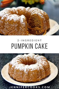 two different pictures of pumpkin cake with the words, 2 ingredient pumpkin cake on top