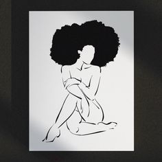 a black and white drawing of a woman with an afro sitting in front of a wall