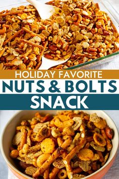 holiday favorite nuts and bolts snack in a bowl with the title overlay reading holiday favorite nuts and bolts snack