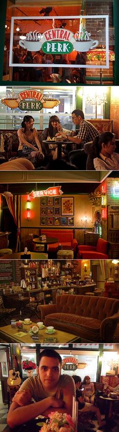 three different shots of people sitting at tables in a restaurant, one with food and the other with drinks