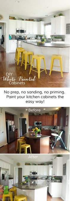 the kitchen and living room are painted white with yellow stools on each one side