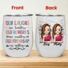 two personalized wine glasses with the same image on them