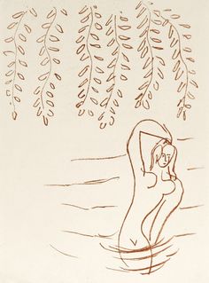 a drawing of a woman in the water under a tree with leaves hanging from it's branches