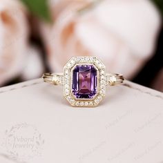 "(Please confirm your US size when you make an order) Jewelry Details -Gold Type : 14k gold Center Stone: NATURAL Amethyst 7.5*5.5mm, Approximately 1.5ct Color: 3A Clarity: VS Cut: Emerald Cut / 3EX Side Stone: 0.14cttw diamond Color: G-H Clarity: SI1 Cut: Round Cut / 3EX Band Width: Approximately 1.8mm SKU: YR0142 ~*-*~Purchase Guarantee: - All our jewelry is handmade, and each process is refined. - 14 Day Refund Guarantee. - All our products are Free Shipping. - Free Gift Box&Packing. ~*-*~Ple Purple Amethyst Ring With Bezel Setting For Anniversary, Lavender Amethyst Ring In 14k Gold For Anniversary, Vintage Emerald Cut Amethyst Ring Gift, Gold Emerald Cut Amethyst Ring Gift, Gold Emerald-cut Amethyst Ring, 14k Yellow Gold Amethyst Ring, Emerald Cut, 14k Gold Emerald-cut Amethyst Ring, Gold Art Deco Ring, Plus Size Rings