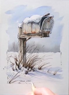 a watercolor painting of a mailbox in the snow