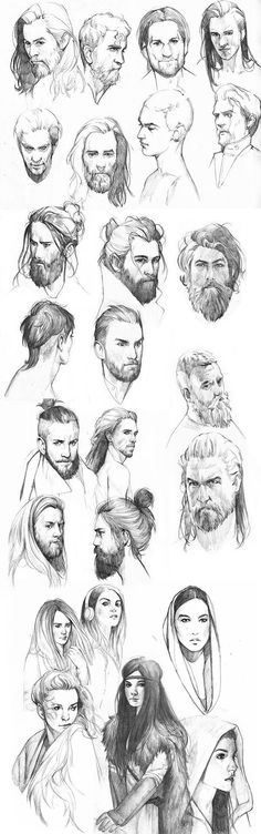 some sketches of people with beards and different facial expressions on their faces, including the head