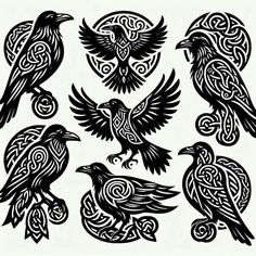 six black birds with celtic designs on them