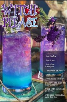 two purple and blue cocktails sitting on top of a table with witches in them