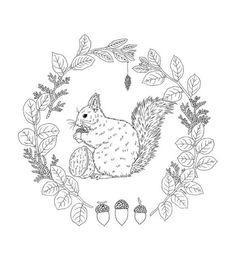 a squirrel surrounded by leaves and acorns in a circle on a white background