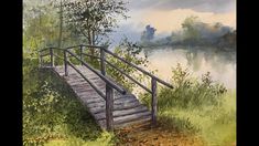 a watercolor painting of a wooden bridge over a body of water with trees in the background