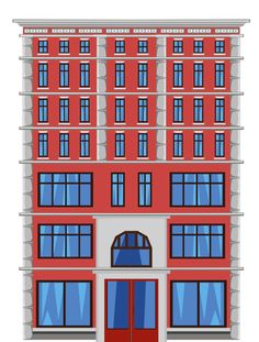 a red building with many windows on the top and bottom floor, in front of a white background