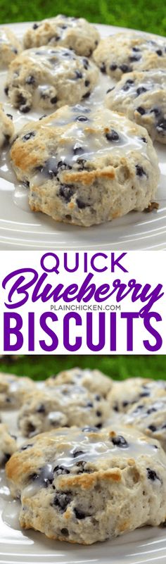 blueberry biscuits on a white plate with the title