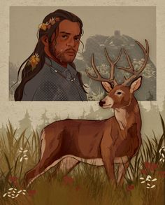 a man with long hair standing next to a deer