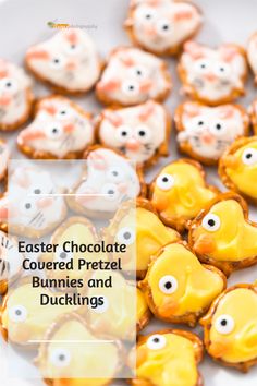 easter chocolate covered pretzel bunnies and ducklings with the words easter chocolate covered pretzel bunnies and ducks