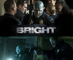 the movie bright is shown in two different pictures, one with a man pointing at something