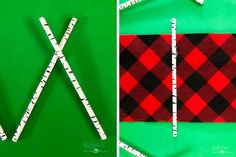 two pictures side by side, one has scissors and the other has plaid fabric on it