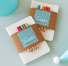 two thank you cards with crayons on them for someone's birthday party