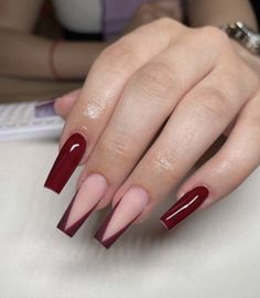 Red Nails Acrylic Inspiration, Maroon Nail Ideas Coffin, Wine Coffin Acrylic Nails, Deep Red Coffin Acrylic Nails, Bergandi Acrylic Nails, Red V Tip Nails Coffin, Dark Red French Tip Nails Coffin Long, Prom Nails Acrylic Burgundy, Burgandy Coffin Acrylic Nails