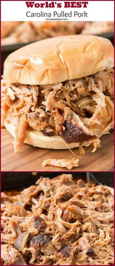 pulled pork sandwich on a wooden cutting board with the words world's best carolina pulled pork