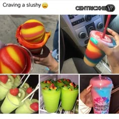 four different pictures with drinks and fruit in them