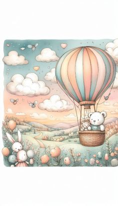 there is a bear and bunny flying in a hot air balloon with clouds behind it