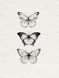 three butterflies on white paper with black ink