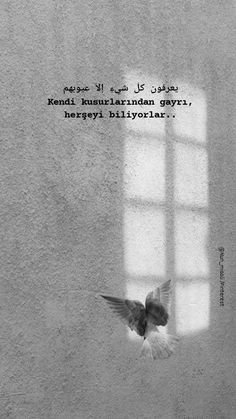 a black and white photo with a bird flying in front of a window that reads,