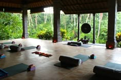 a large room with lots of yoga mats on the floor and trees in the background