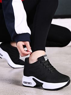 Black and White Sporty    Plain Wedge Sneakers    Women Shoes Summer Trainers, Height Insoles, Plateau Sneaker, Casual Wedges, Women Platform Shoes, Walking Shoes Women, Breathable Sneakers, Mua Sắm, Up Shoes