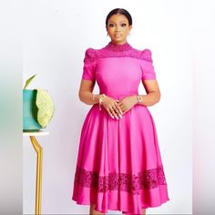 Available In Size 16,18.20 African Dresses Modern Beautiful Church, Pink Embellished Midi Dress, Elegant Pink Embellished Midi Dress, Fitted Pink Embellished Midi Dress, Pink Embellished Fitted Midi Dress, African Formal Dress, Corporate Gowns, Pleated Dress Short, African Party Dresses