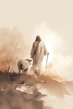 an image of jesus walking with his sheep in the field on watercolor painting style