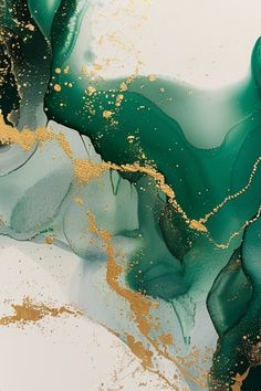 an abstract painting with gold and green paint on it's edges, in shades of teal