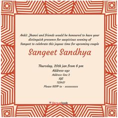 an orange and white frame with the words sangeet sandhuya on it