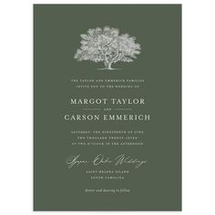 a wedding card with an image of a tree on the front and bottom, in grey ink